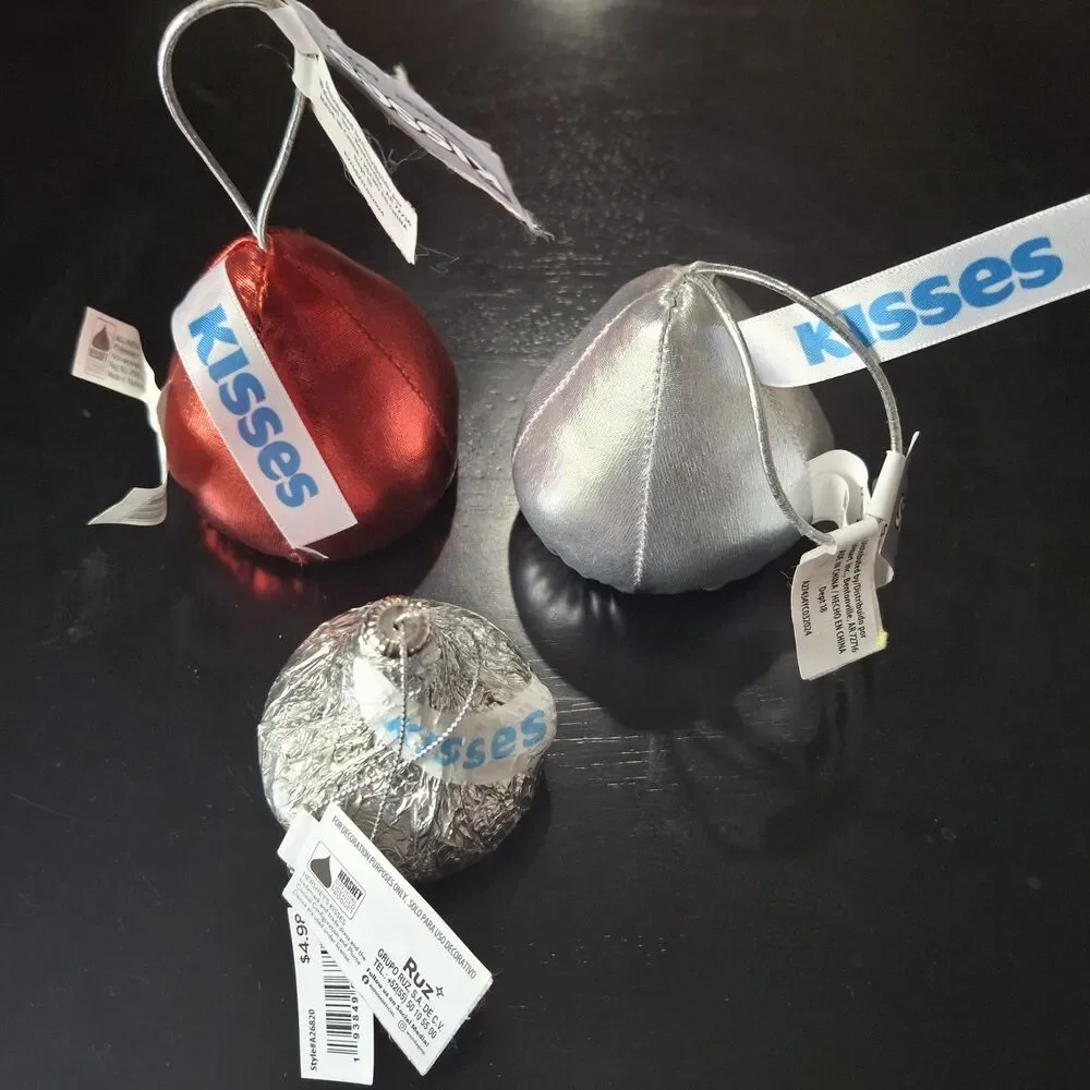 Ruz Hershey Kisses Ornaments Christmas Decor 3 Count Hanging Silver Red New